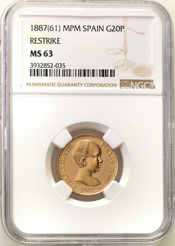 Hiszpania. Alfons XIII. 20 Pesetas 1887 nowe bicie (1961 r.) NGC MS63